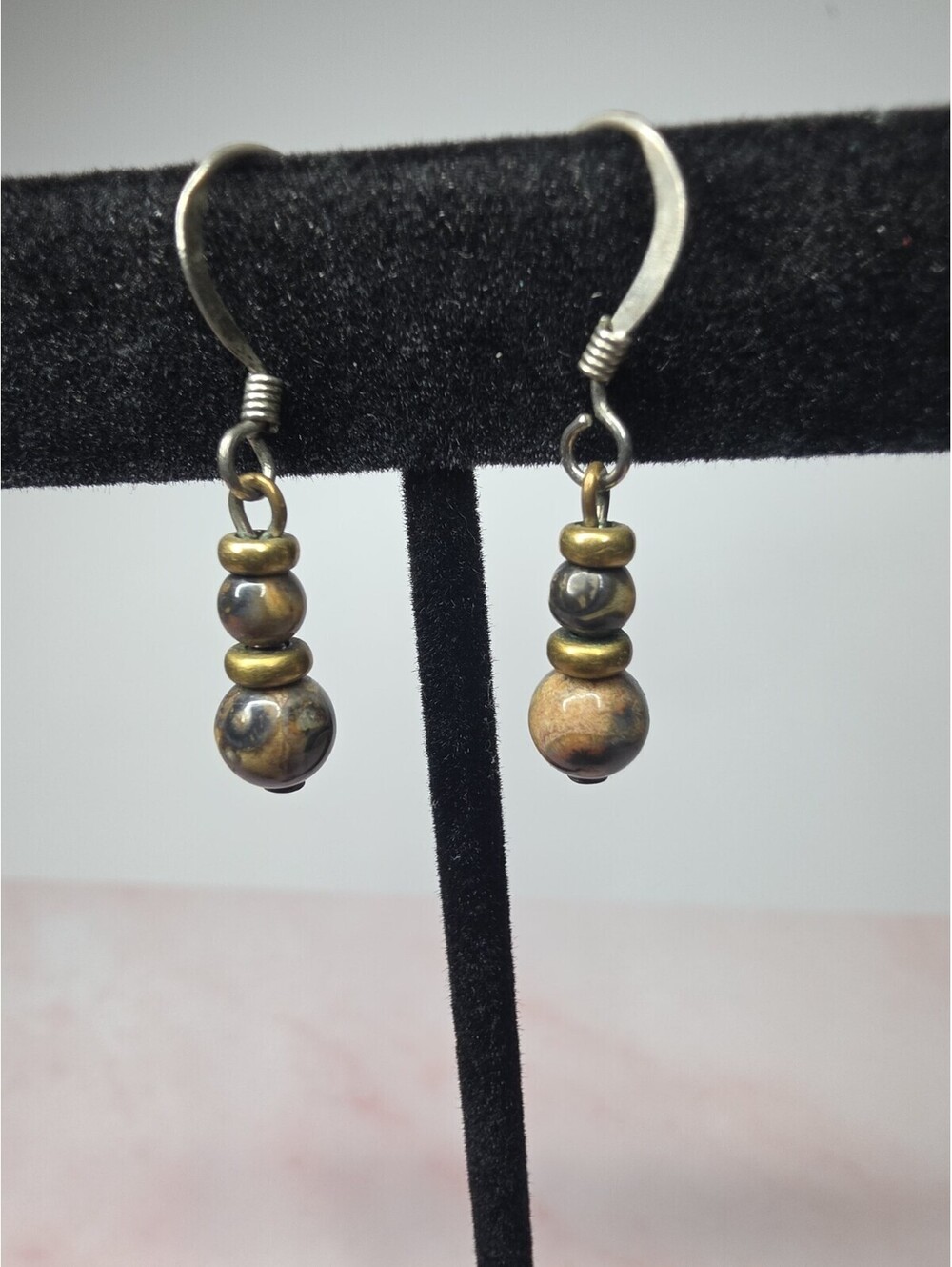 Vintage Tiger's Eye Beaded Dangle Earrings Silver Tone Boho Chic Drops